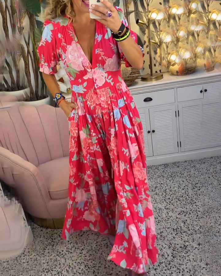Robe Longue Fleurie Femme Col V Taille M Polyester A-Line 2