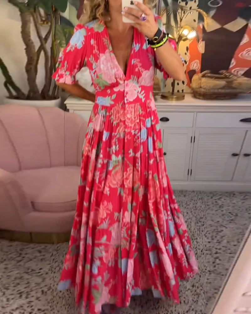 Robe Longue Fleurie Femme Col V Taille M Polyester A-Line 3