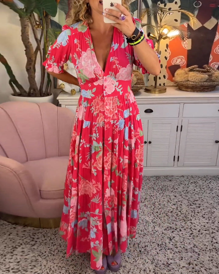 Robe Longue Fleurie Femme Col V Taille M Polyester A-Line 4