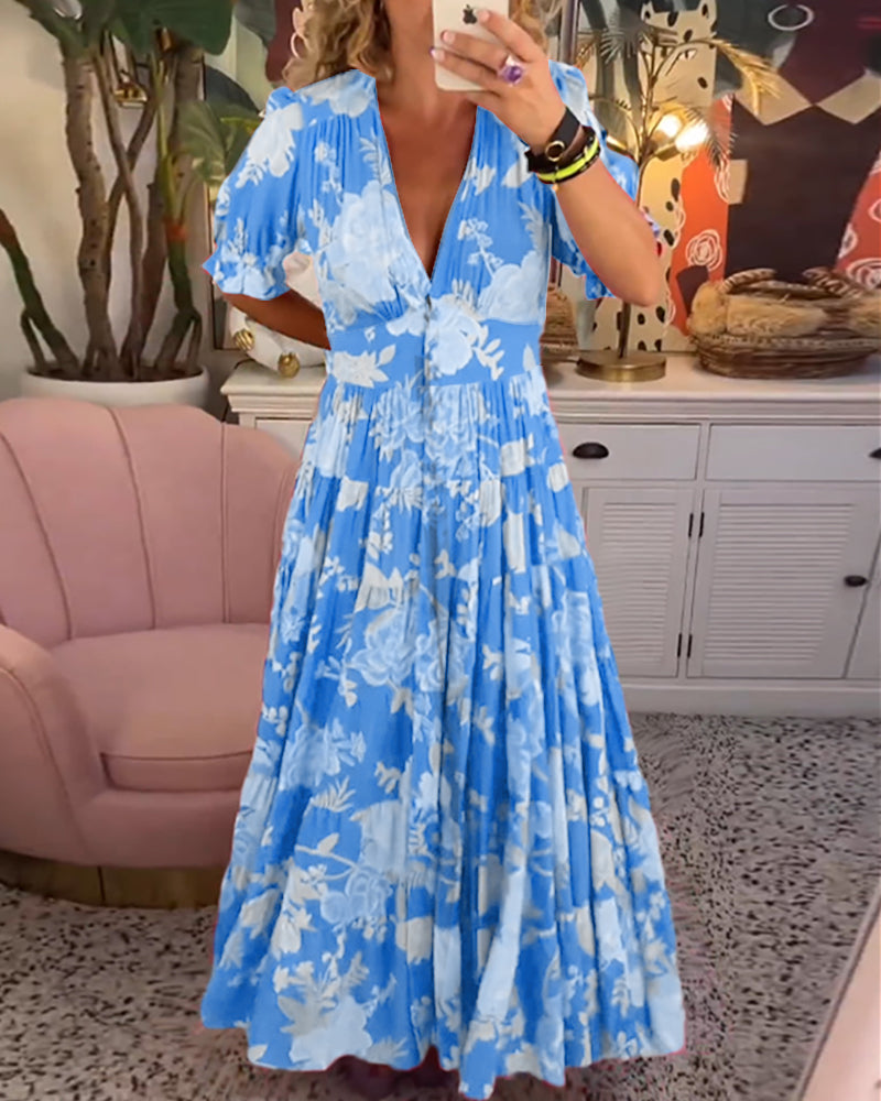Robe Longue Fleurie Femme Col V Taille M Polyester A-Line 6