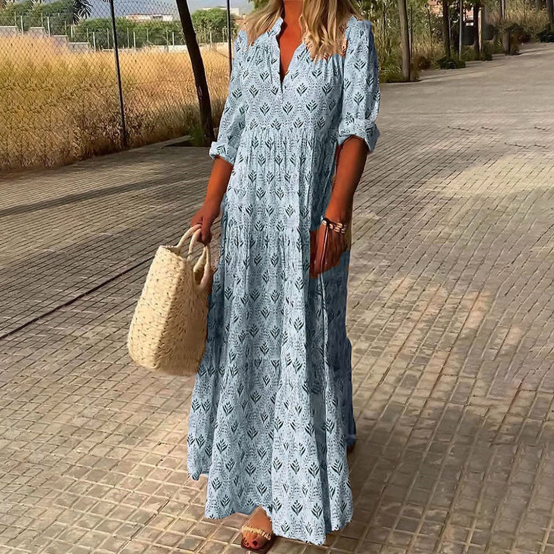 Robe Maxi Femme Boho Élégant Taille M Bleu Coton 0