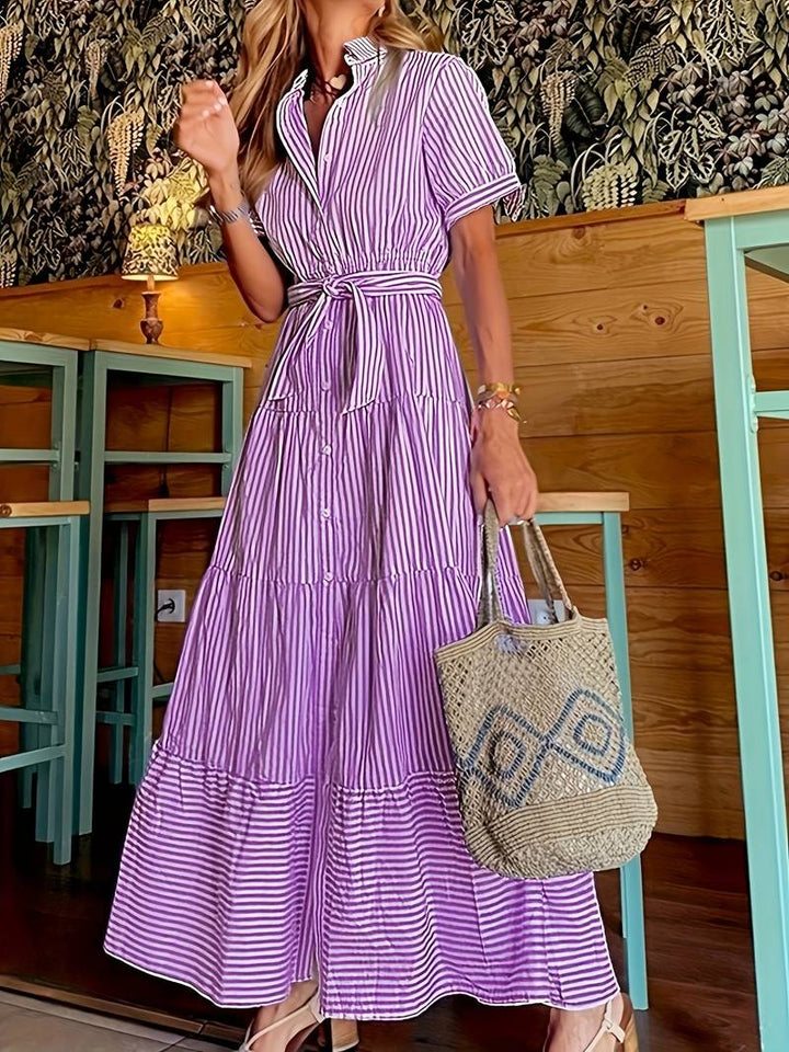 Robe Maxi Rayée avec Ceinture à La Taille – Élégance Décontractée en Bleu et Blanc 2