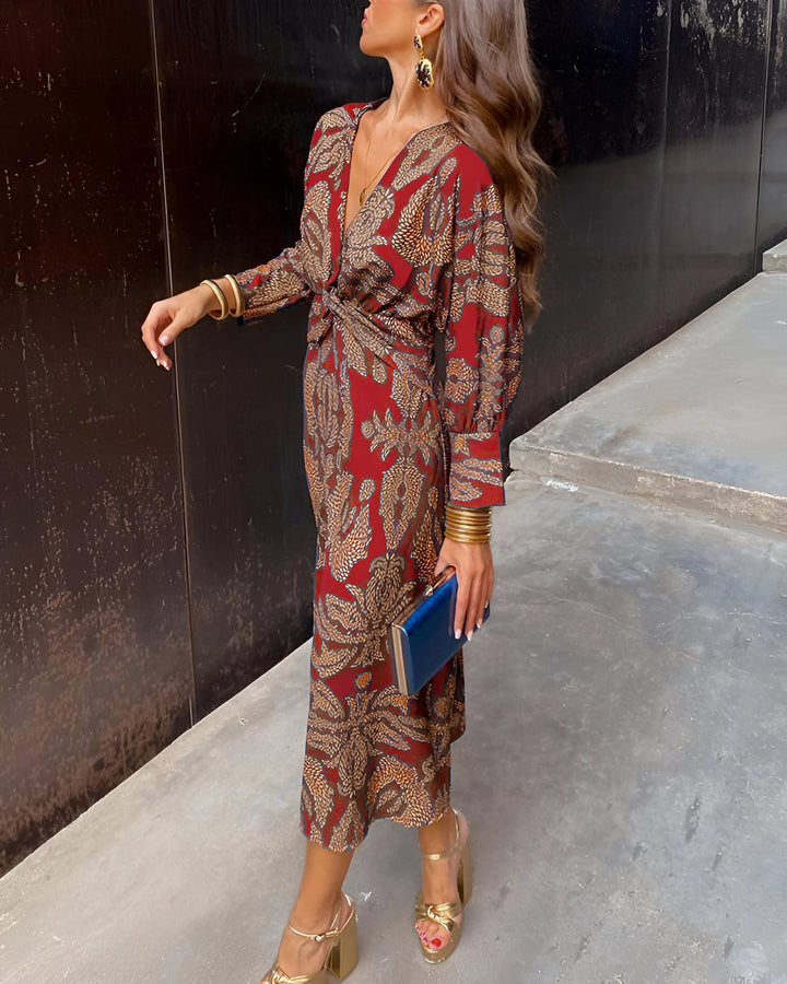 Robe Midi Femme Fleurie Bleue à Manches Longues et Décolleté en V pour un Style Chic et Élégant 6