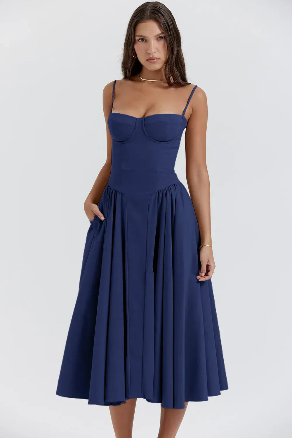 Robe Midi Sans Manches Élégante avec Corset et Jupe Ample – Idéale pour Mariages et Événements 0