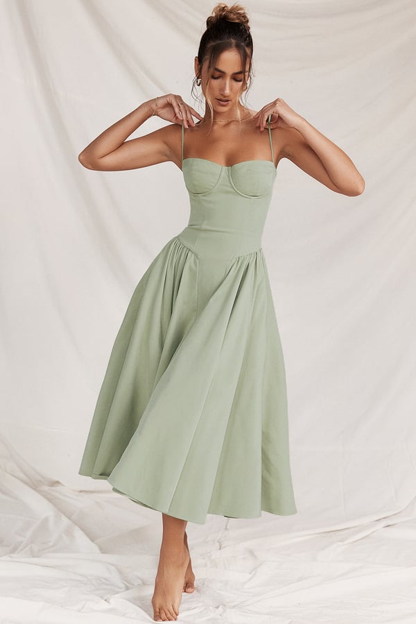 Robe Midi Sans Manches Élégante avec Corset et Jupe Ample – Idéale pour Mariages et Événements 1