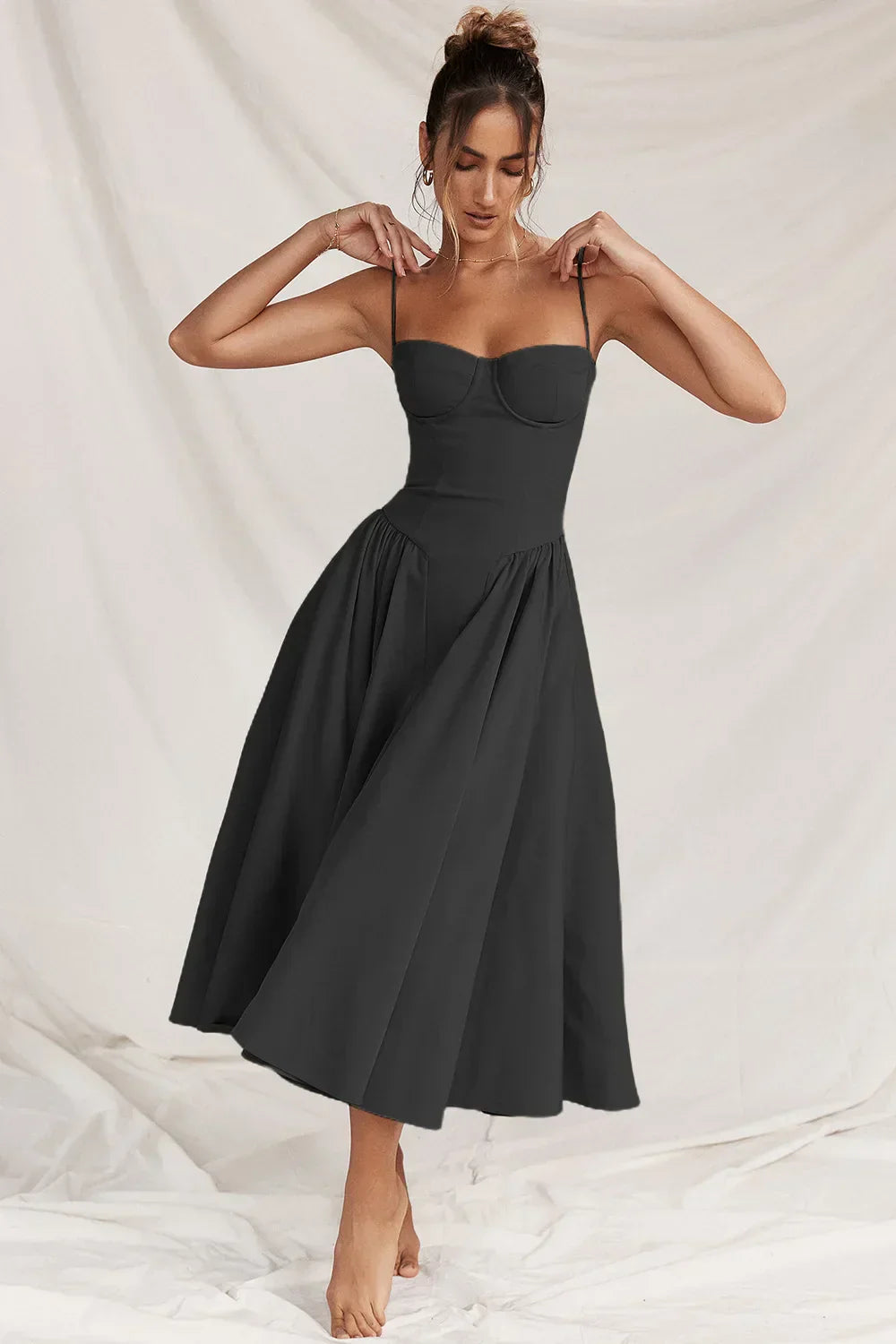Robe Midi Sans Manches Élégante avec Corset et Jupe Ample – Idéale pour Mariages et Événements 10