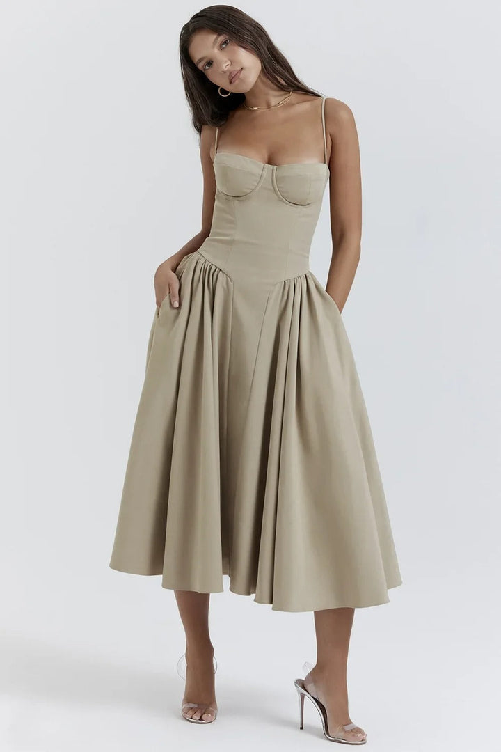 Robe Midi Sans Manches Élégante avec Corset et Jupe Ample – Idéale pour Mariages et Événements 11