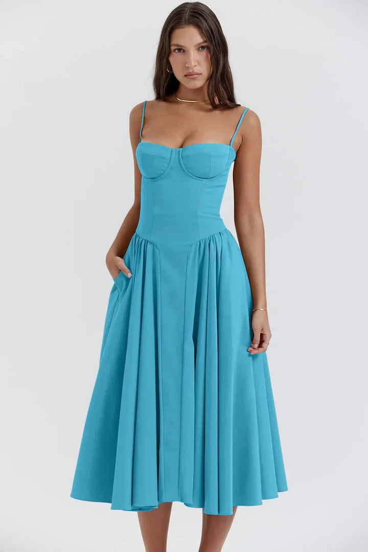 Robe Midi Sans Manches Élégante avec Corset et Jupe Ample – Idéale pour Mariages et Événements 12