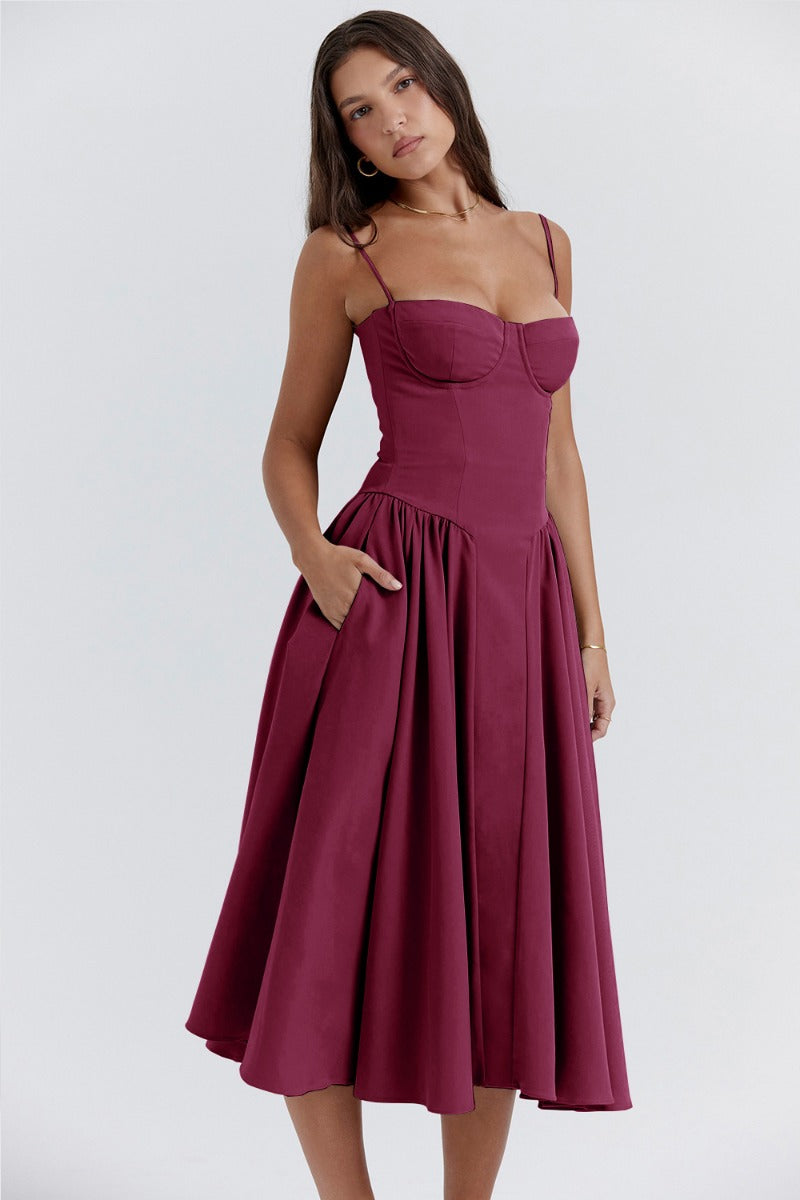 Robe Midi Sans Manches Élégante avec Corset et Jupe Ample – Idéale pour Mariages et Événements 13