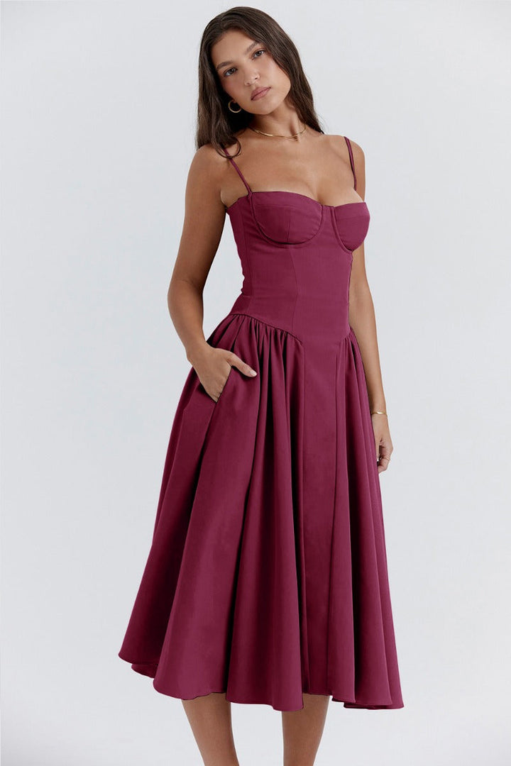 Robe Midi Sans Manches Élégante avec Corset et Jupe Ample – Idéale pour Mariages et Événements 13