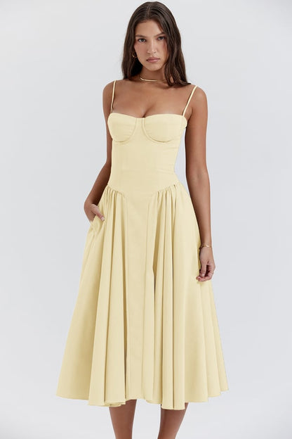 Robe Midi Sans Manches Élégante avec Corset et Jupe Ample – Idéale pour Mariages et Événements 17