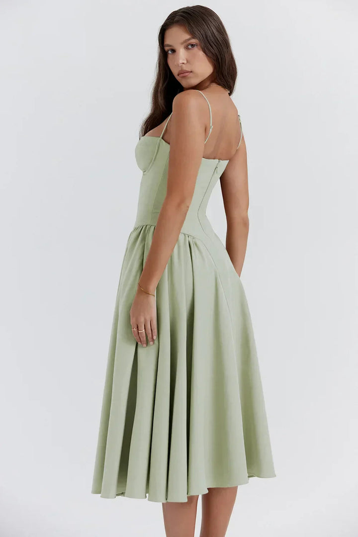 Robe Midi Sans Manches Élégante avec Corset et Jupe Ample – Idéale pour Mariages et Événements 2