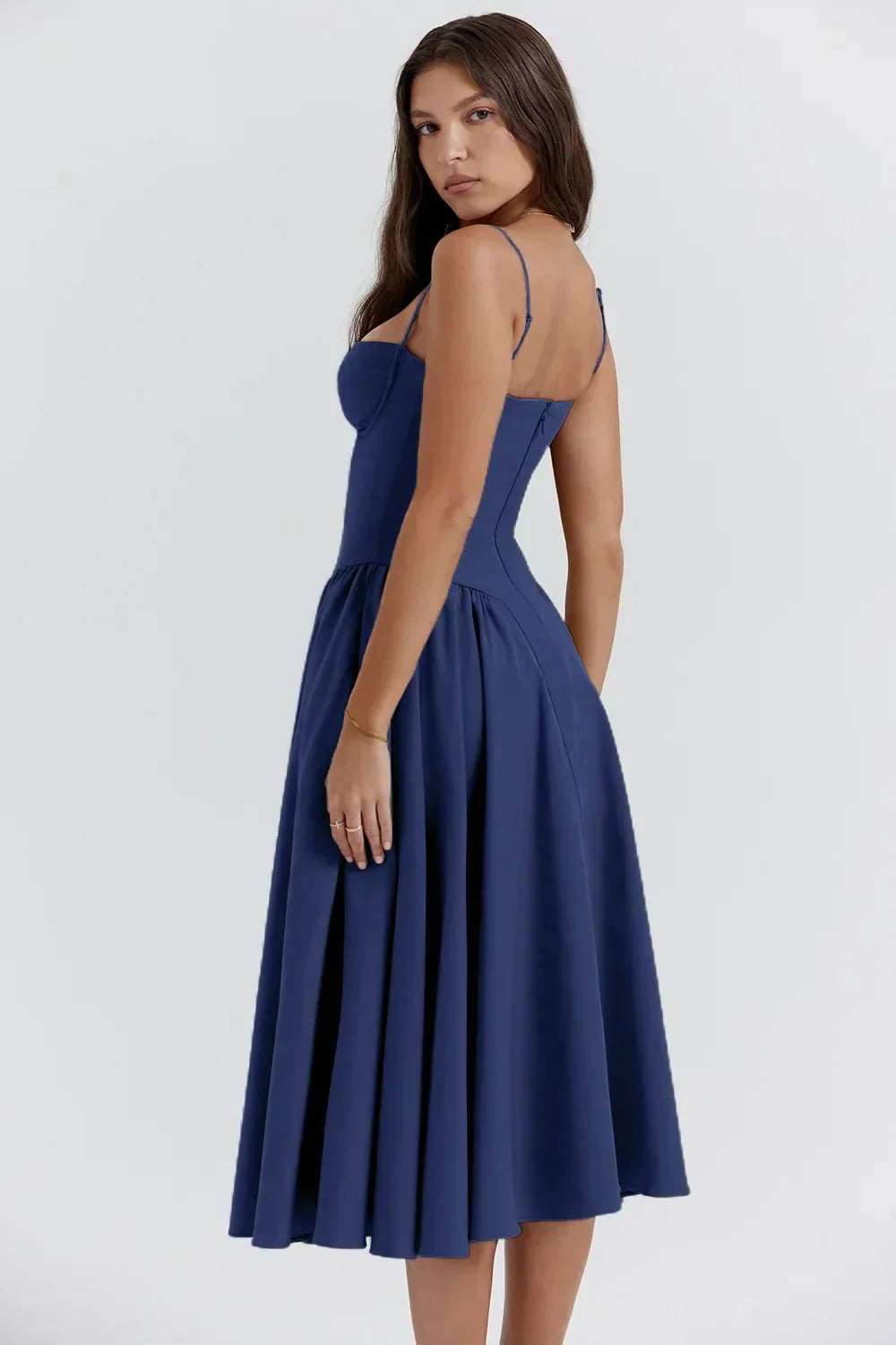 Robe Midi Sans Manches Élégante avec Corset et Jupe Ample – Idéale pour Mariages et Événements 4