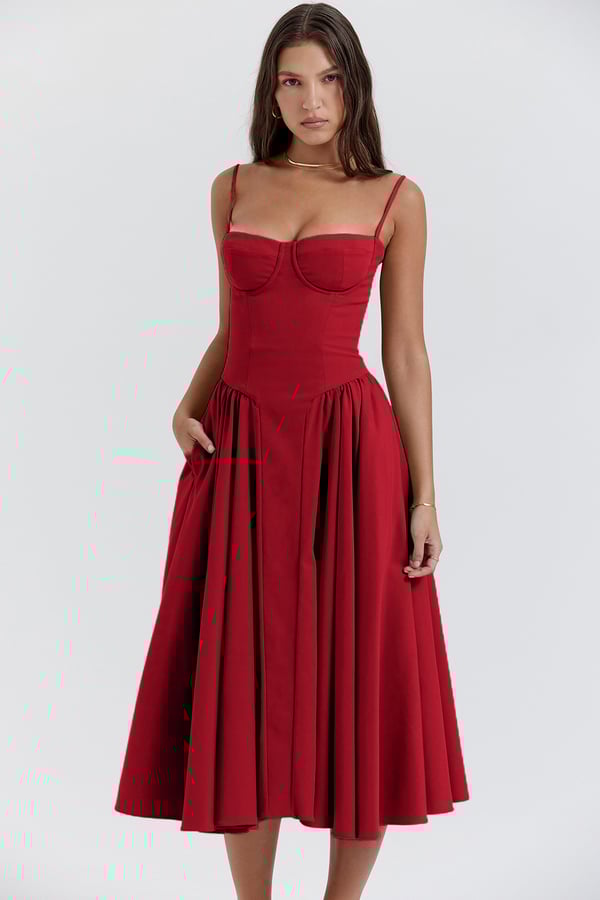 Robe Midi Sans Manches Élégante avec Corset et Jupe Ample – Idéale pour Mariages et Événements 6