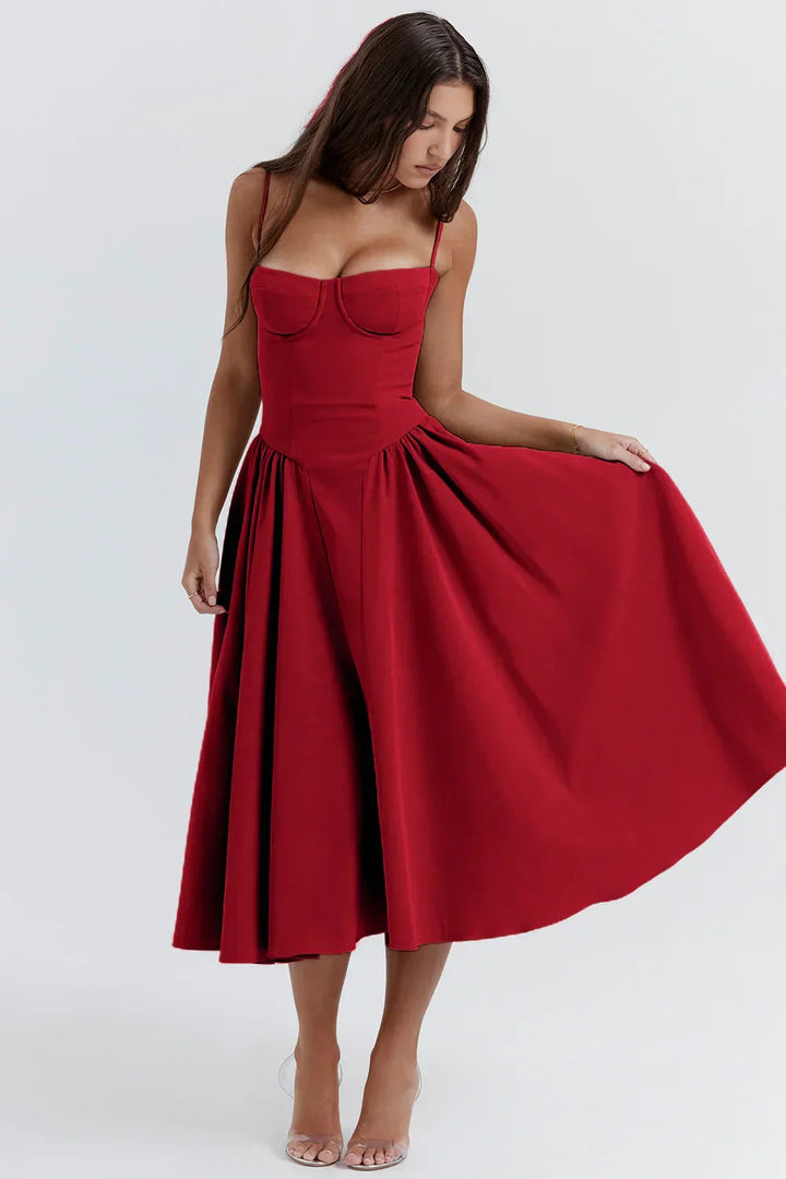 Robe Midi Sans Manches Élégante avec Corset et Jupe Ample – Idéale pour Mariages et Événements 7