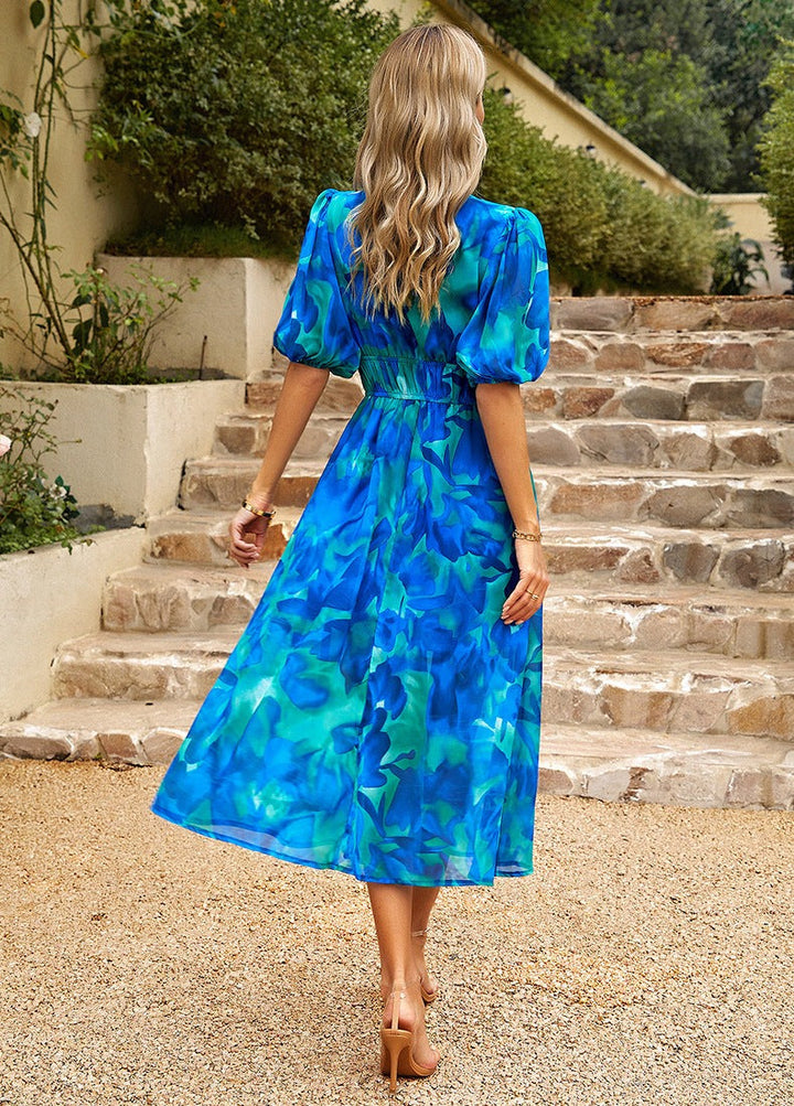 Robe Midi d'Été à Imprimé Floral avec Manches Bouffantes et Taille Haute 4