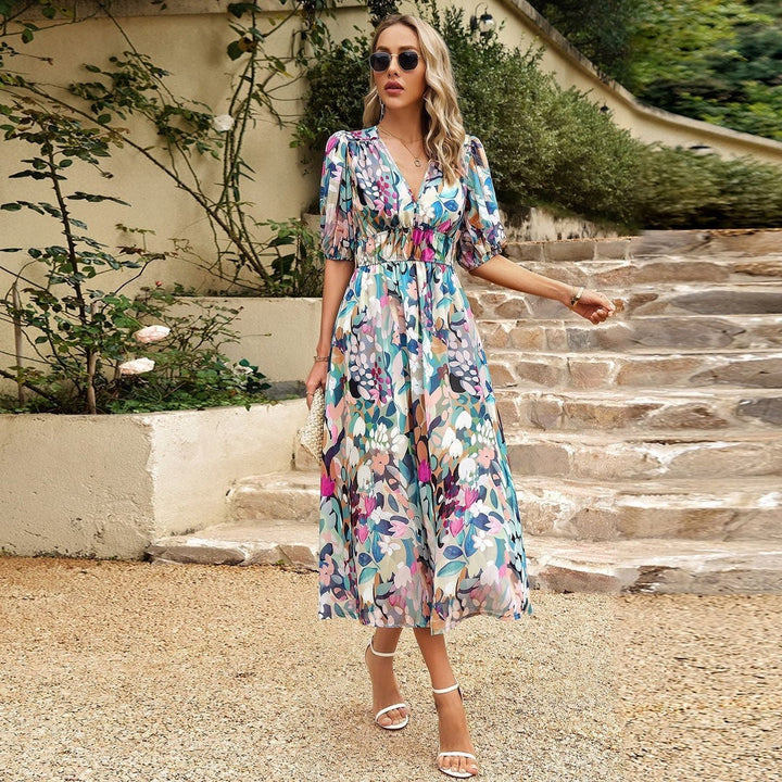 Robe Midi d'Été à Imprimé Floral avec Manches Bouffantes et Taille Haute 6