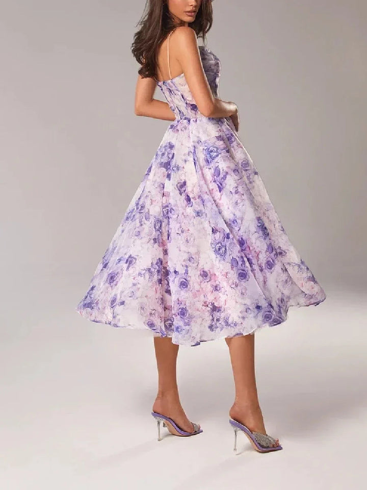 Robe Sans Bretelles Femme Imprimé Floral Lavande – Robe de Soirée Élégante, Tissu Léger, Idéale pour Mariages et Fêtes 2