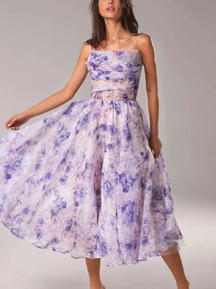 Robe Sans Bretelles Femme Imprimé Floral Lavande – Robe de Soirée Élégante, Tissu Léger, Idéale pour Mariages et Fêtes 3
