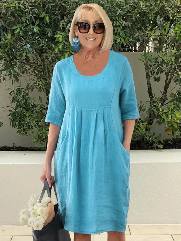 Robe Tunique Femme Décontractée en Coton avec Poches – Élégance et Confort, Longueur Midi 0