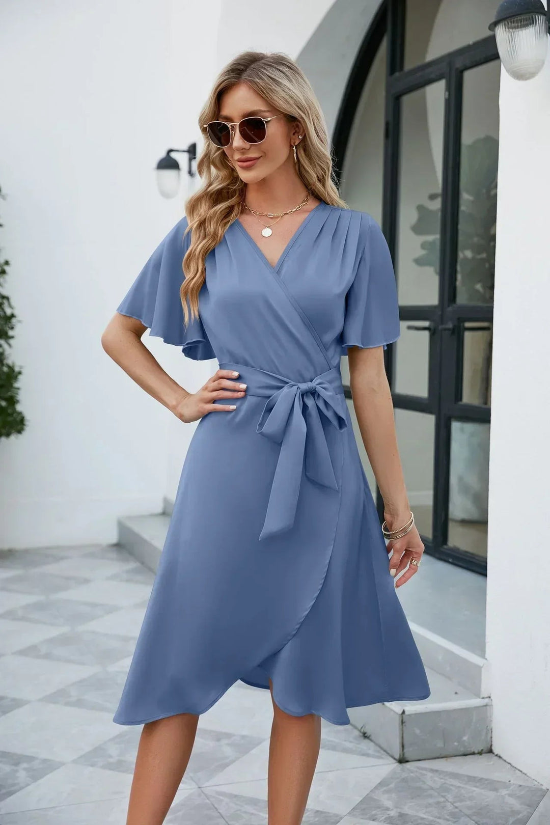 Robe Wikkel Élégante Longue Femme avec Détail Nœud et Col en V – Idéale pour Soirées et Occasions Spéciales 0