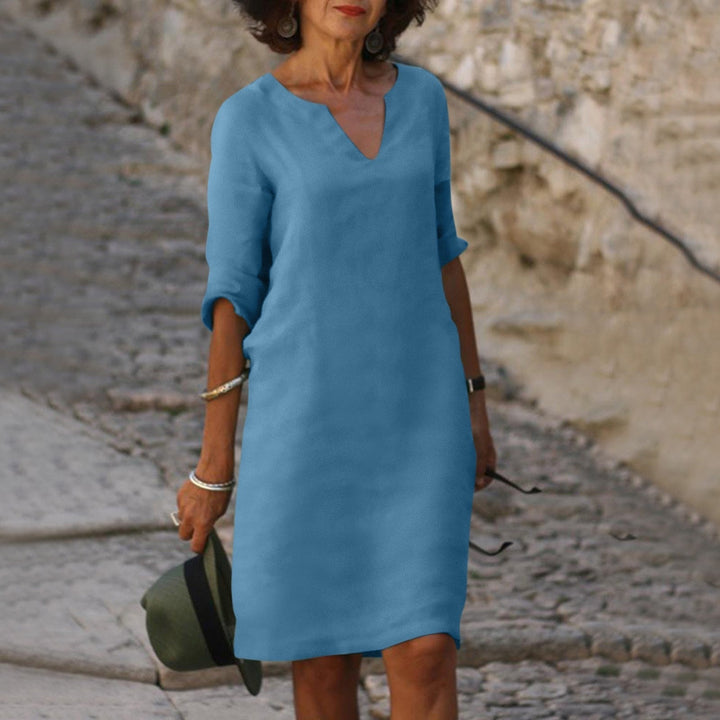 Robe d'Été Femme Longue Élégante en Tissu Léger avec Décolleté en V et Manches 3/4 – Parfaite pour Occasions Décontractées et Formelles 3