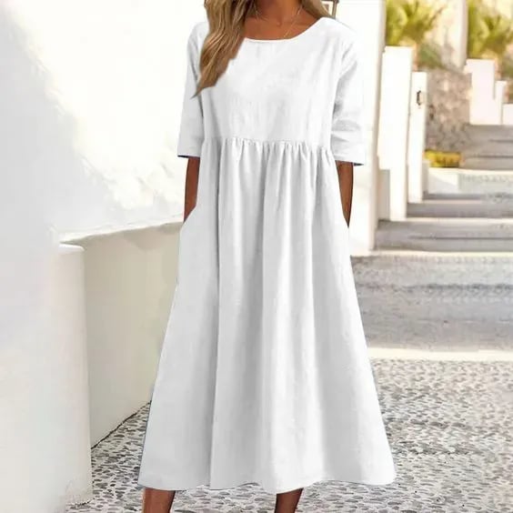 Robe d'Été Femme Midi en Coton 100% Plissé Chic – Élégante et Confortable, Disponibles en Blanc, Bleu Clair et Noir 0