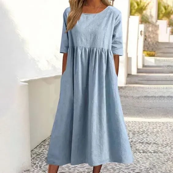 Robe d'Été Femme Midi en Coton 100% Plissé Chic – Élégante et Confortable, Disponibles en Blanc, Bleu Clair et Noir 1