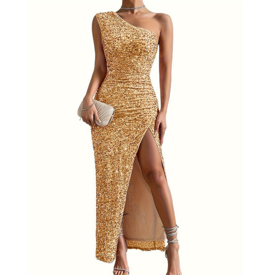 Robe de Soirée Femme à Paillettes Fleur, Design Bodycon avec Détail Épaule Glamour - Élégante Robe Longue pour Toutes Occasions 2
