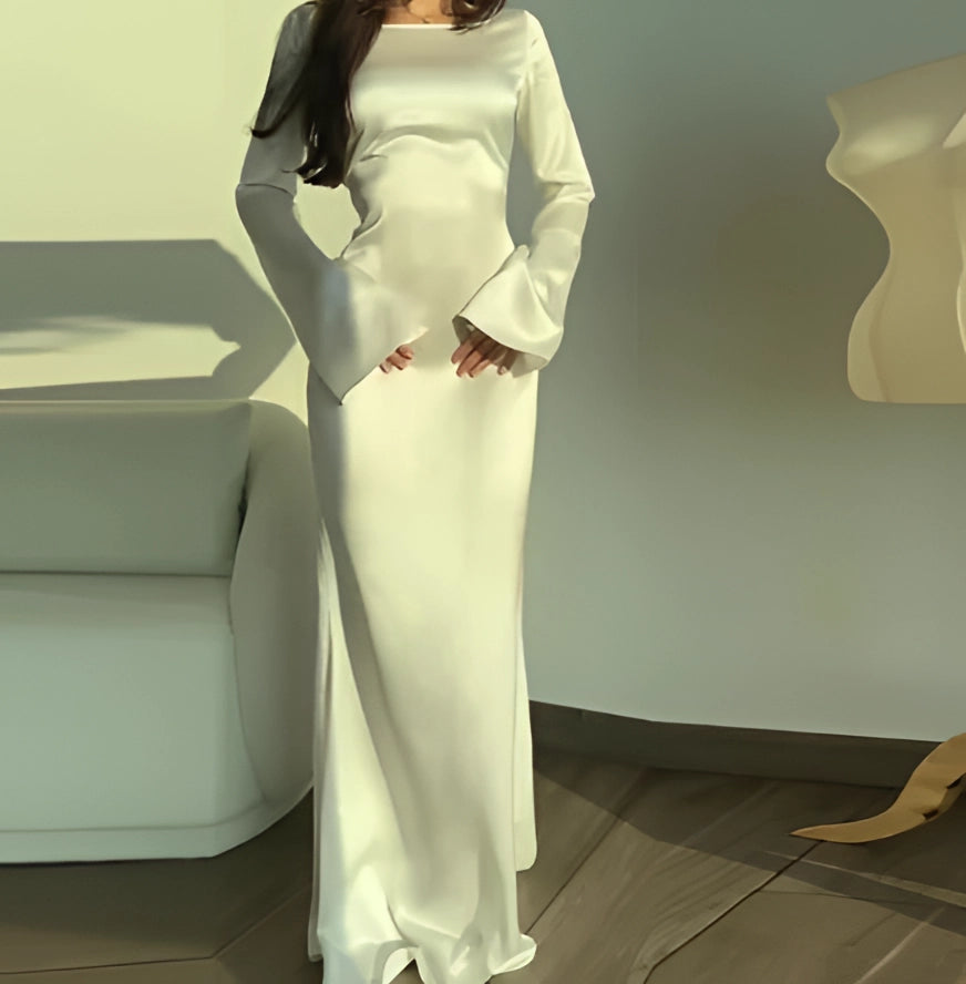 Robe de Soirée Longue Écru à Manches Longues – Élégante Robe Cérémonie Femme en Satin Polyester 0