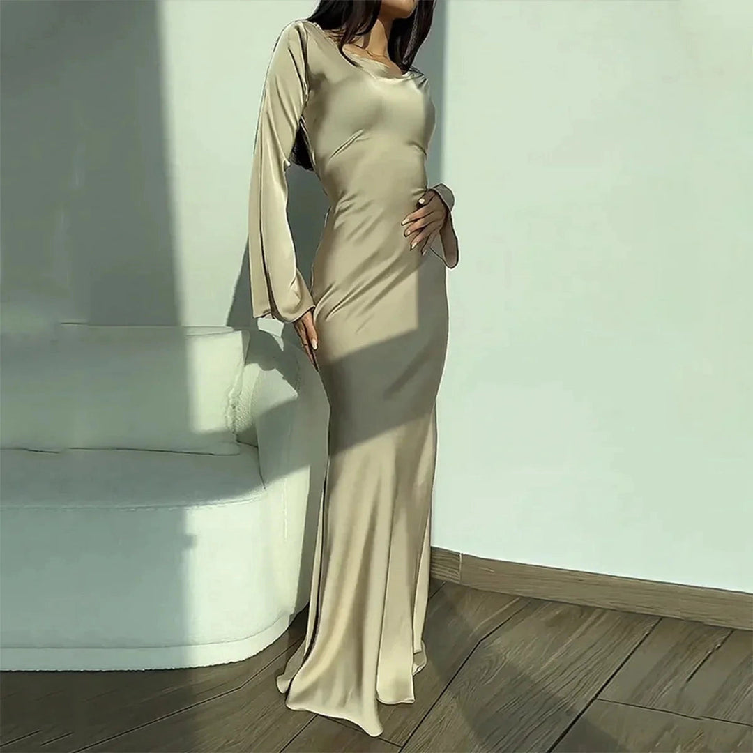 Robe de Soirée Longue Écru à Manches Longues – Élégante Robe Cérémonie Femme en Satin Polyester 2