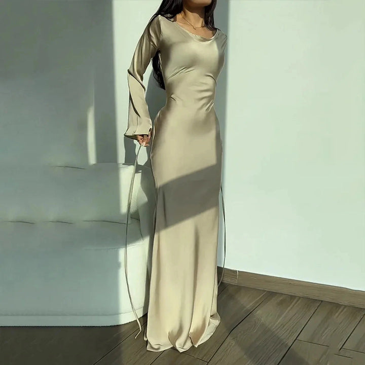 Robe de Soirée Longue Écru à Manches Longues – Élégante Robe Cérémonie Femme en Satin Polyester 3