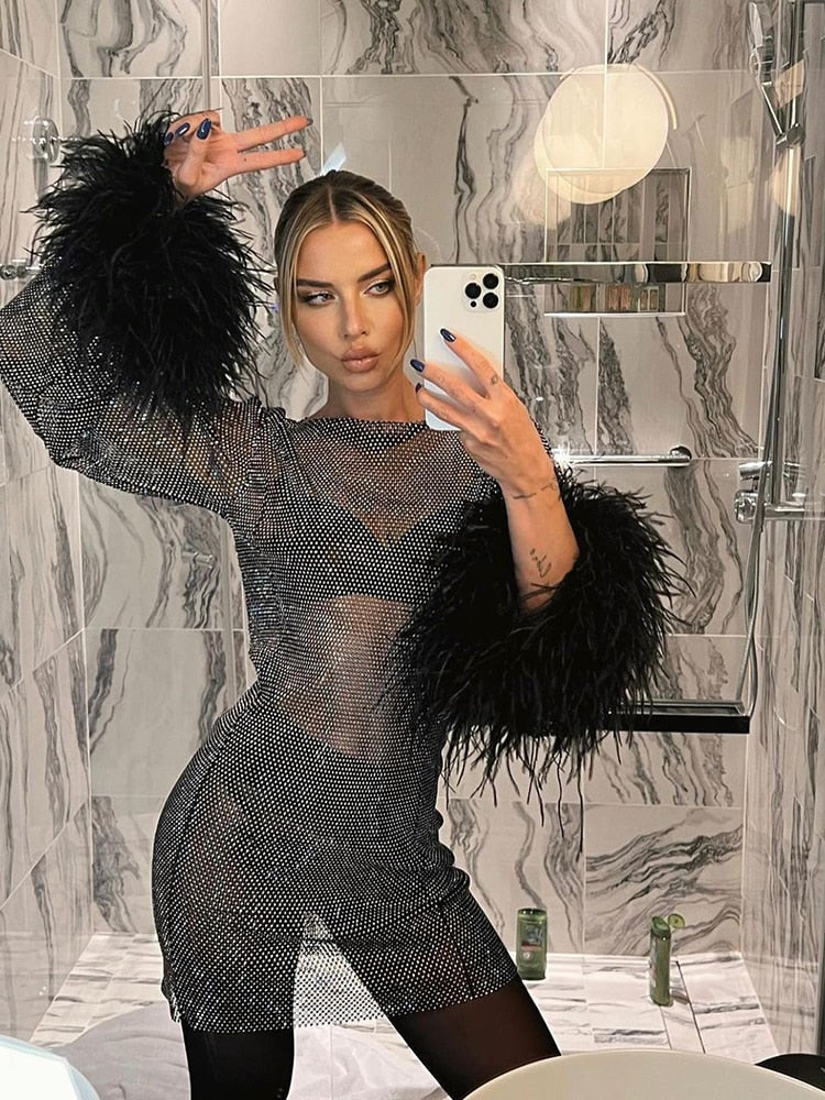 Robe de fête transparente avec manches en tulle et plumes – Élégance et confort 0