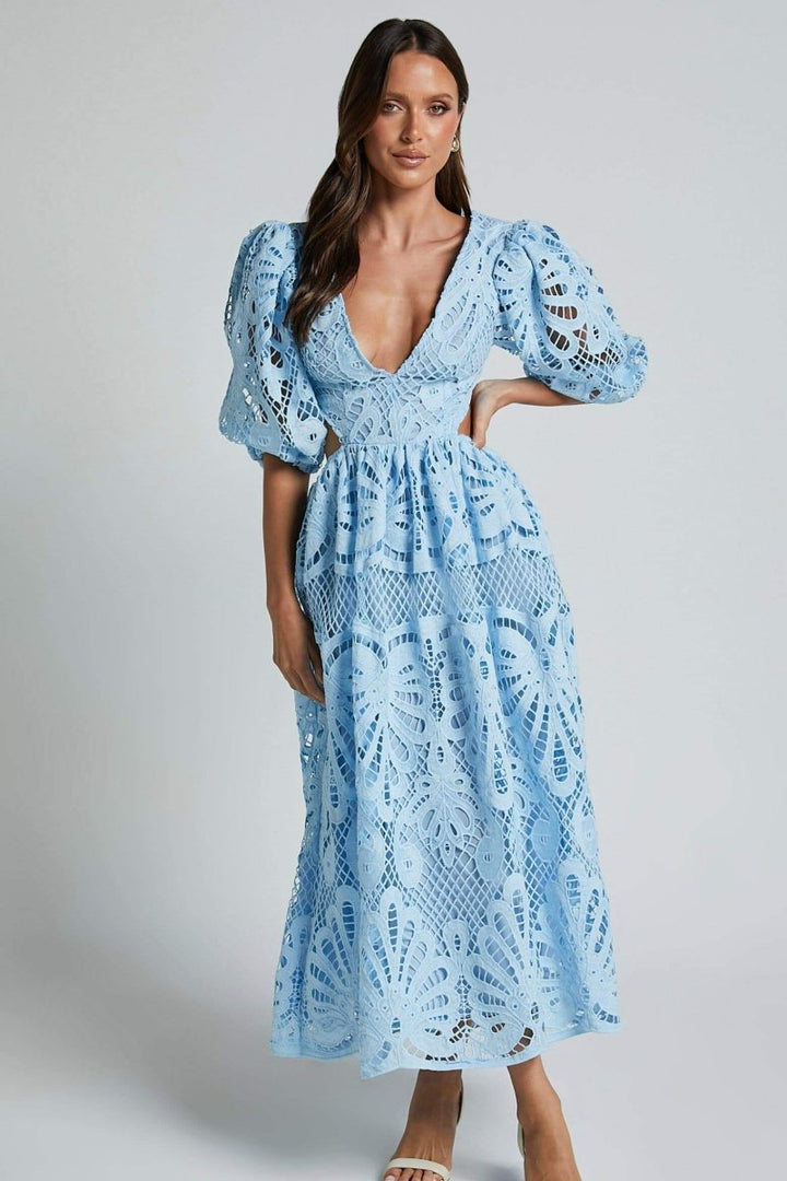 Robe en Dentelle Élégante avec Manches Bouffantes et Décolleté en V – Idéale pour les Occasions Spéciales 9