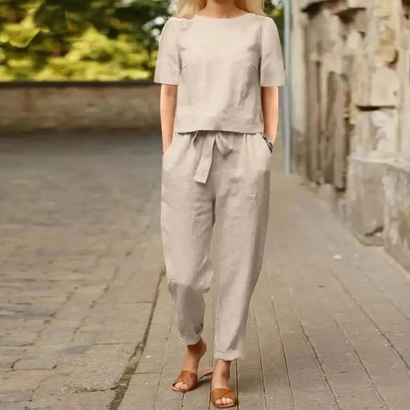 Ensemble Tailleur Femme en Lin Kaki - Haut et Pantalon Lâche, Décontracté et Élégant pour l'Été-1