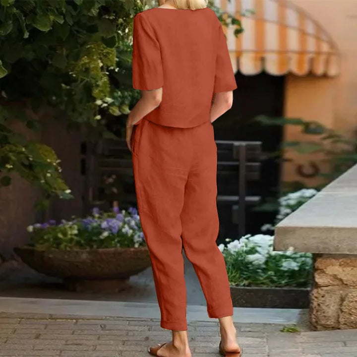 Ensemble Tailleur Femme en Lin Kaki - Haut et Pantalon Lâche, Décontracté et Élégant pour l'Été-6