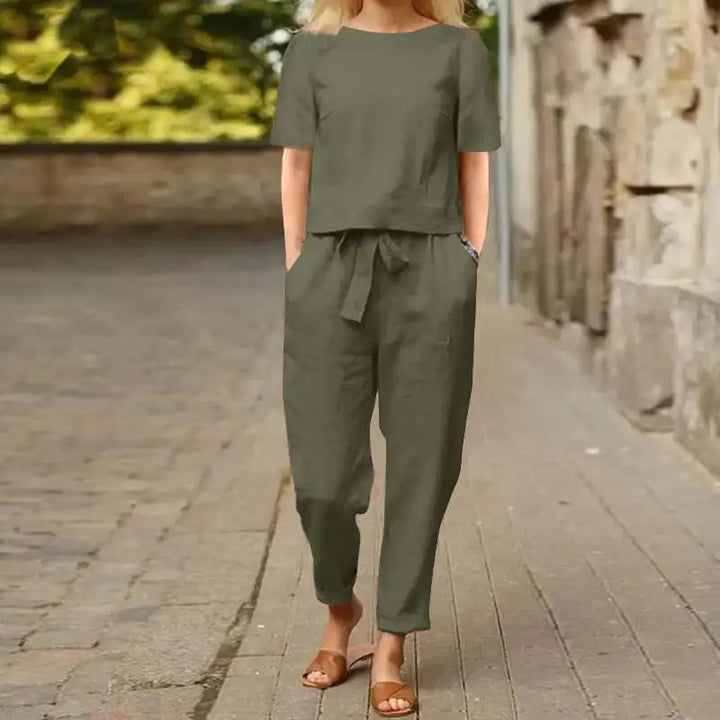 Variant image for Ensemble Tailleur Femme en Lin Kaki - Haut et Pantalon Lâche, Décontracté et Élégant pour l'Été-19