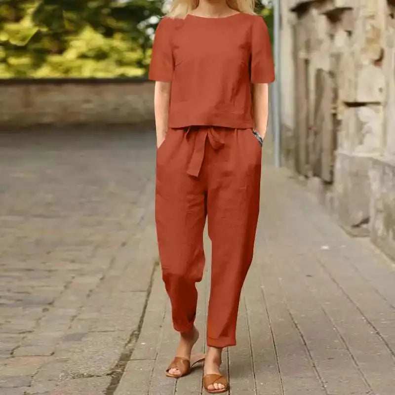 Variant image for Ensemble Tailleur Femme en Lin Kaki - Haut et Pantalon Lâche, Décontracté et Élégant pour l'Été-7