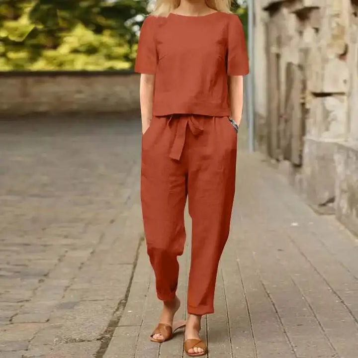 Variant image for Ensemble Tailleur Femme en Lin Kaki - Haut et Pantalon Lâche, Décontracté et Élégant pour l'Été-7