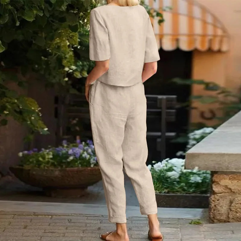 Ensemble Tailleur Femme en Lin Kaki - Haut et Pantalon Lâche, Décontracté et Élégant pour l'Été-2