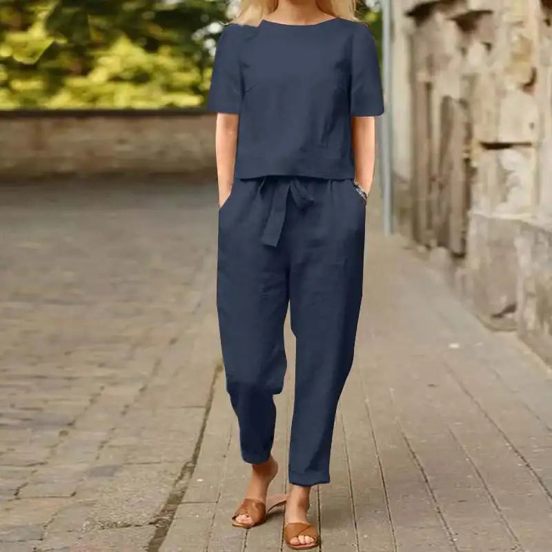 Variant image for Ensemble Tailleur Femme en Lin Kaki - Haut et Pantalon Lâche, Décontracté et Élégant pour l'Été-18