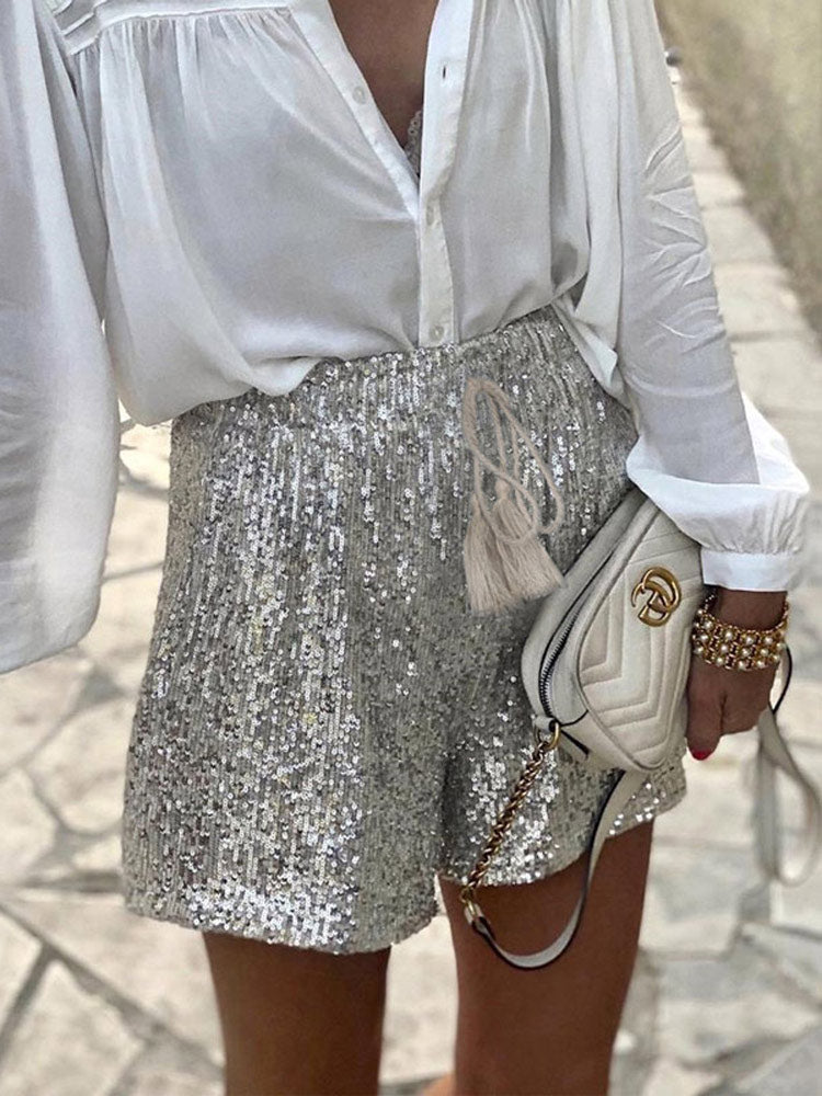 Shorts d'été à sequins élastiques avec taille haute et cordon de serrage 0
