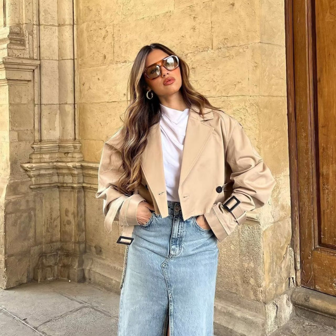 Trench Coat Femme Court en Polyester – Élégant et Confortable pour Printemps et Automne 1