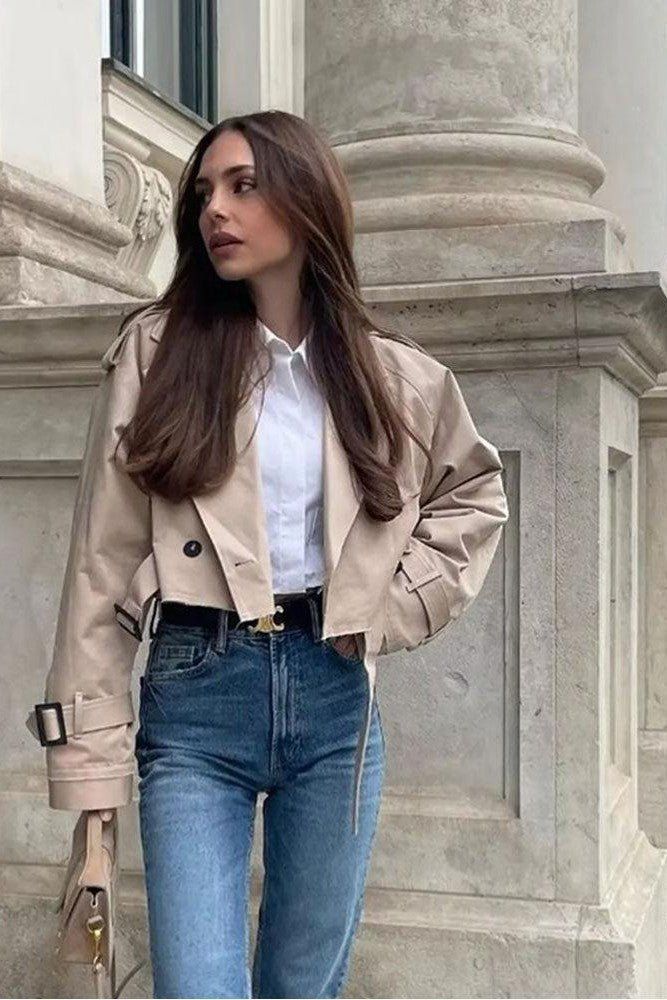 Trench Coat Femme Court en Polyester – Élégant et Confortable pour Printemps et Automne 3