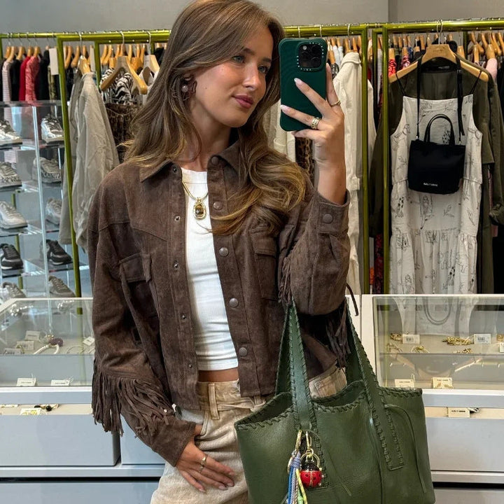Veste Femme Marron Taille M Suède avec Franges 0