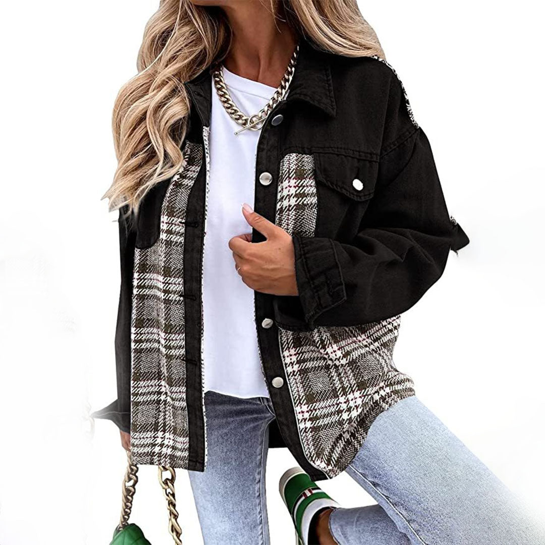 Veste en Jean Femme à Carreaux – Confortable et Élégante, Manches Longues, Polyvalente pour Occasions Décontractées et Formelles 0