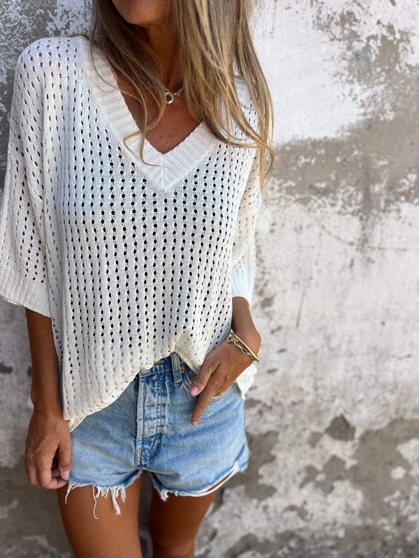 Haut Décontracté Élégant en Polyester Léger avec Décolleté en V – Confort et Style Polyvalent-1