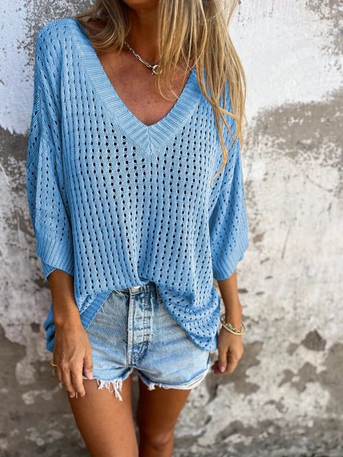 Haut Décontracté Élégant en Polyester Léger avec Décolleté en V – Confort et Style Polyvalent-3