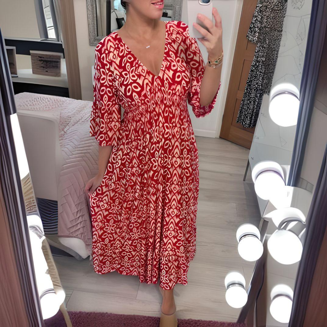 Robe Longue Bohème Imprimée Rouge et Blanc en Polyester – Robe Maxi Décontractée d'Été pour Femme-1