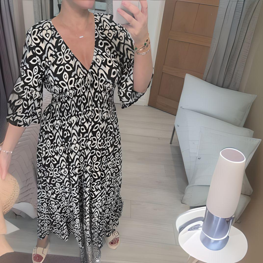 Robe Longue Bohème Imprimée Rouge et Blanc en Polyester – Robe Maxi Décontractée d'Été pour Femme-3